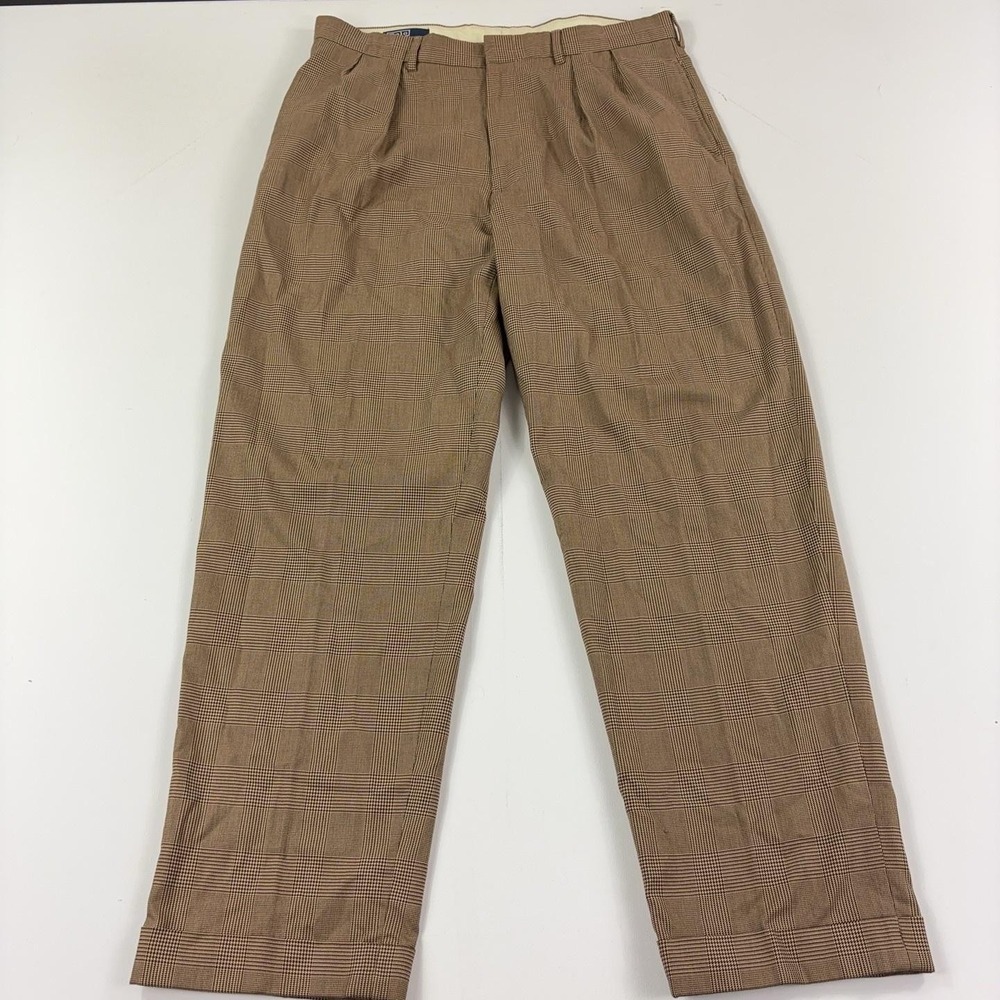 Vintage Polo Ralph Lauren Pleated Dress Pants Mens 38x32 Brown Plaid Cuffed 90s